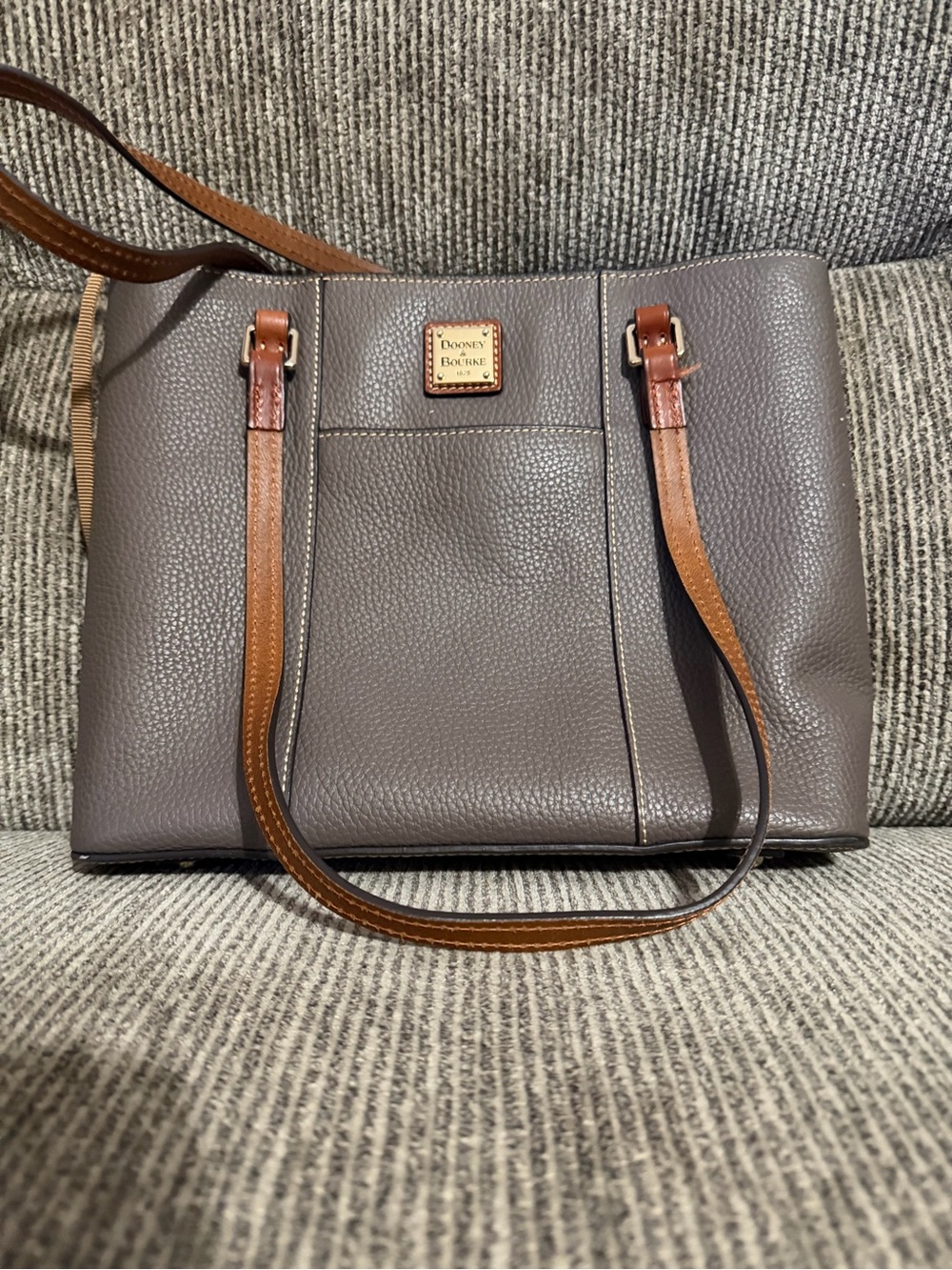 Dooney & Bourke Gray Pebble Leather Shoulder Tote with Brown Straps